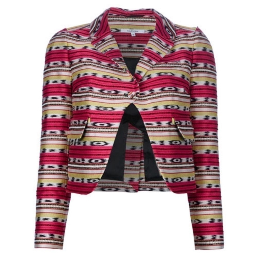 Carven- Pink and Yellow Striped Long Sleeve Trophy Jacket Jacquard Blazer EU 36